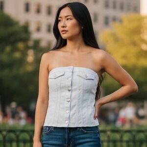NWT Zara Womens Smoked Back Button Metallic Silver Denim Strapless Corset Size M